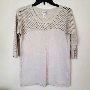 Zenergy by Chicos open knit shoulder sweater with metallic threads.